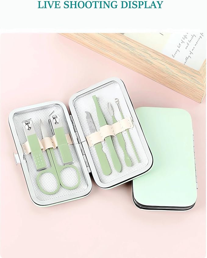 Manicure Set Nail Clipper Set, 7 Pcs Matcha Green Professional Manicure Pedicure Set, Nail Care Kit Beauty Tool, Purse Essentials Travel Nail Kit with Leather Case, Gift for Men and Women