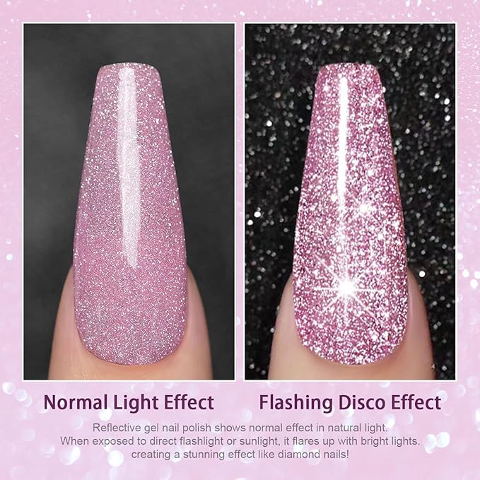 RARJSM Reflective Glitter Gel Nail Polish,Pink Sparkle Gel Nail Polish,Flash Diamond GelPolish Soak off UV LED Curing Requires 15ml Single Bottle for Home Salon Diy Nail Manicure Decoration