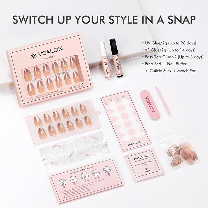 VSALON Press On Nails Short Almond, Nude Aqua Cat Eye Clear Shimmer Nails, Salon Quality Fake Nails Kit - 32 PCS Stick on Nails in 16 Sizes with UV Glue & Cuticle Oil