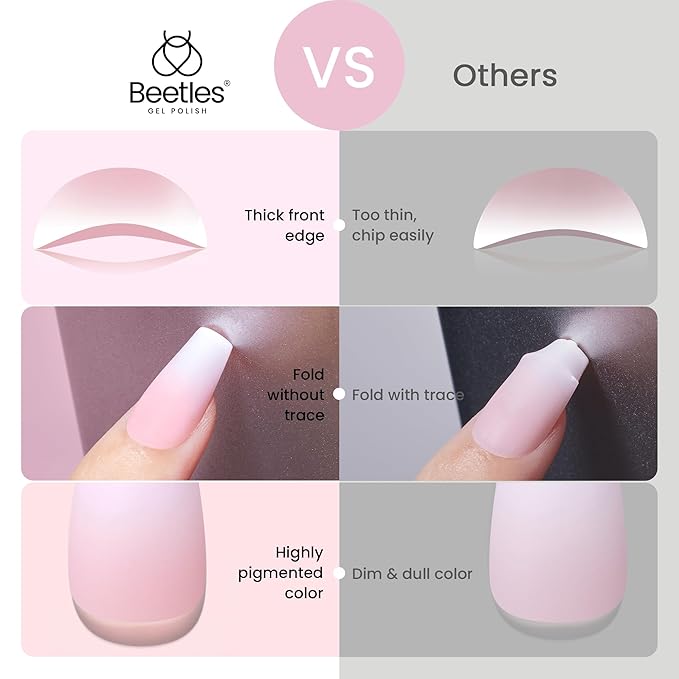 Beetles Ombre French Gel Nail Tips: 210Pcs Pink Press On Nails Short Coffin Kit Gifts for Women Fit Perfectly Nail 4 in 1 Pre-applied Tip Primer & Base Coat for Nail Extension Designs