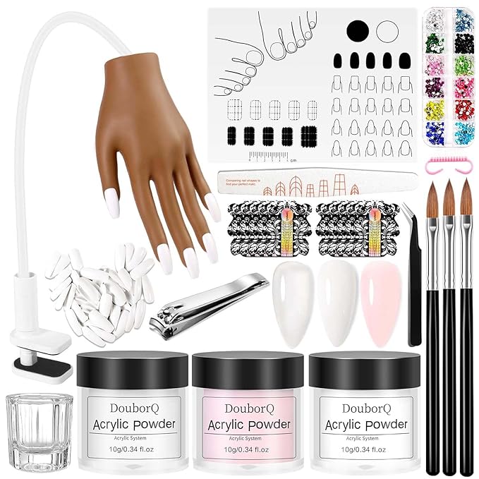 Practice Hand for Acrylic Nails, Acrylic Nail Training Mat , Manicure Trainng Hand Nail Kit for Beginners,Movable Nail Maniquin Hand with 50PCS Nail Tips,Acrylic powder, Brush and Clipper(Brown)