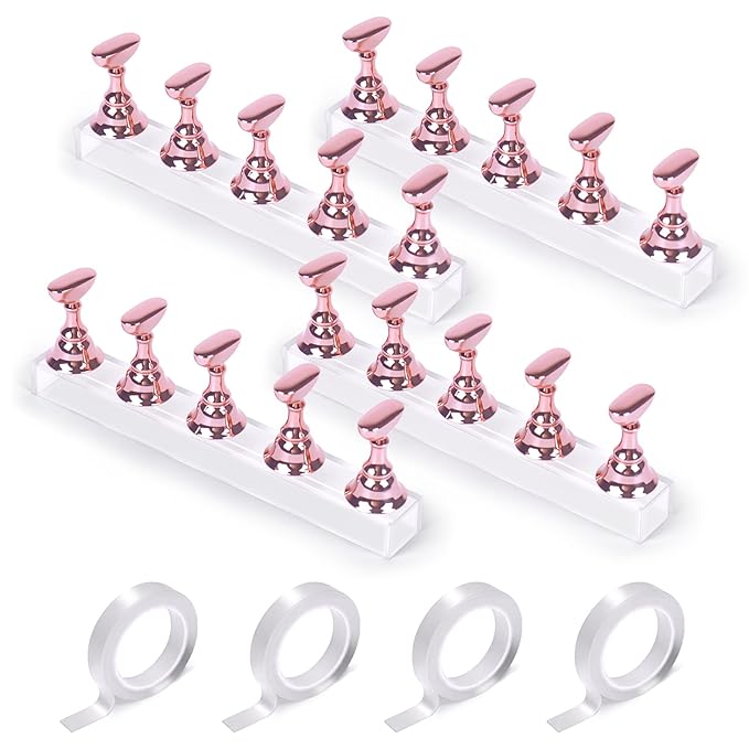 JUSTOTRY 4 Sets Pink Nail Painting Practice Stand With 1M Double-sided Tape Acrylic Fake Nail Art Holder For Press Ons Magnetic Nail Display Design Tools Kit Accessories For Home Diy Salon Supplies