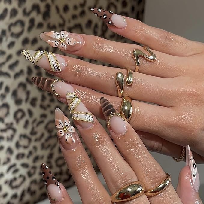 Long Almond Press on Nails Glossy Fake Nails Nude Leopard Print with Floral Gold Chain False Nail Stick on Nail for Women 24pcs