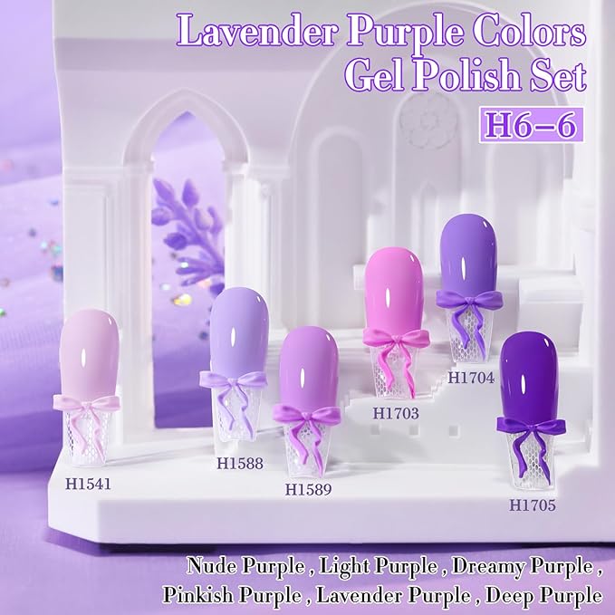 Double Rhythm 6 Pcs Hema Free Gel Polish Set 0.50 OZ Same Color Same Bottle Soak Off Neutral Natural Milky Gel Polish Kit Nail Art Salon DIY at Home (Lilac Violet Pink Purple-H6-6)