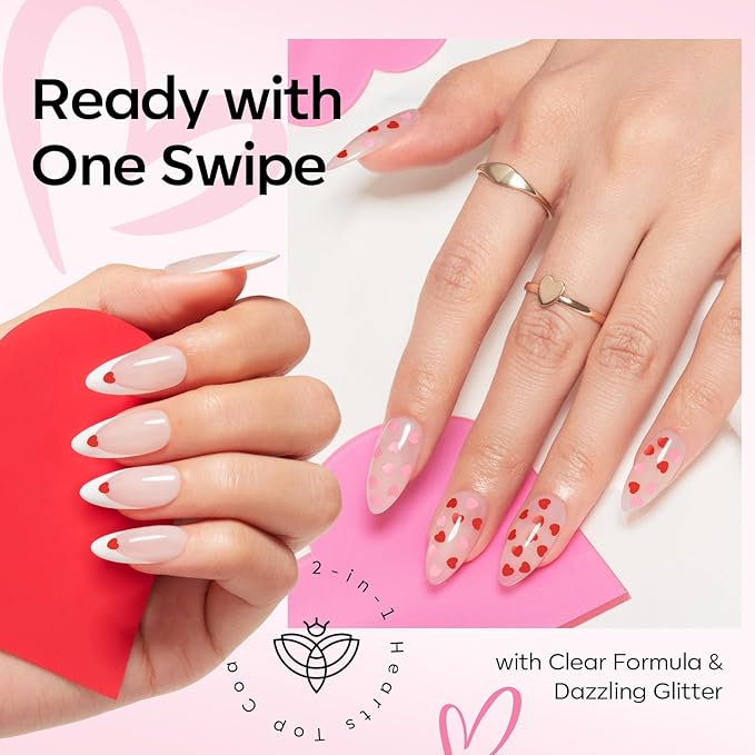 modelones Heart Glitter Gel Top Coat, Valentine's Day 15 ML No Wipe Clear Gel Nail Polish 2 in One Red Pink Color Reflective Hearts Sequins Glossy Shine Long Lasting Soak Off Manicure Gift for Women