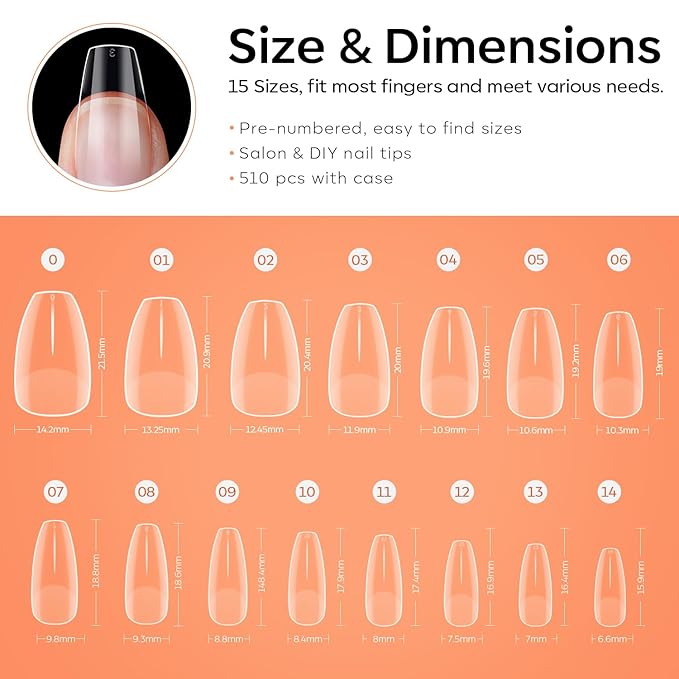 Modelones Short Coffin Nail Tips - 510Pcs Fake Nails Gel Tips Half Matte Full Cover No Filed Stronger Press on for Manicure Extension Art DIY Salon 15 Sizes