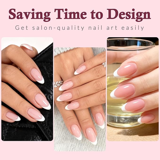 120PC White French Tip Press on Nails Medium Fake Nails Press ons with 5*Adhesive Tabs, Pink Almond Acrylic Nail Press on Nail French Tip Nails False Artificial Fingernails Stick on Nails-J
