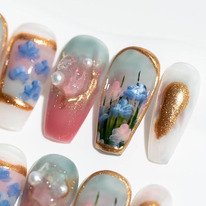 Sun&Beam Nails Handmade Press On Nail Medium Long Coffin Ballerina Green Painting Fake Tip 3D Design Art Charms Cute with Storage Box 10 Pcs (S)