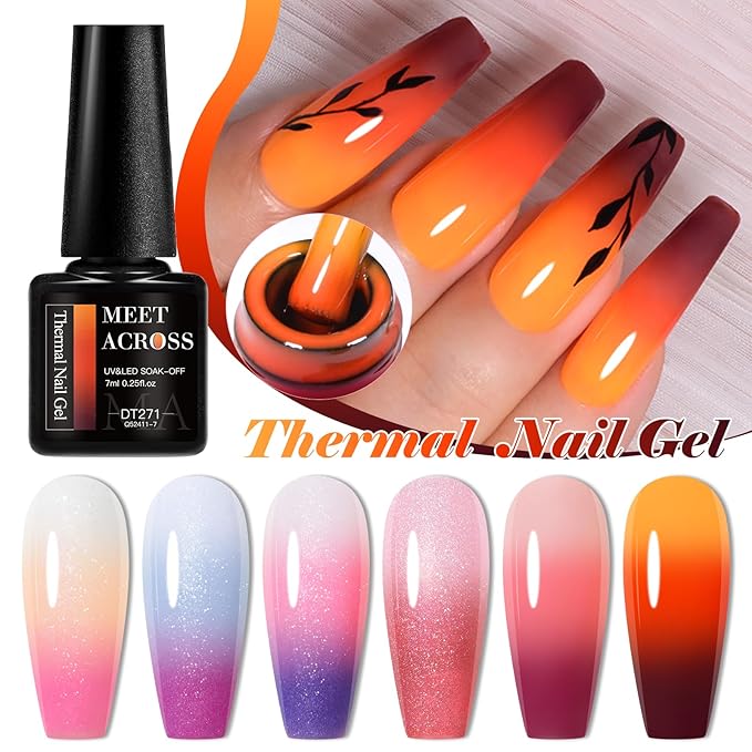 MEET ACROSS 8Pcs Glitter Color Changing Gel Nail Polish Set Pink Amber Color Changing Gel Polish Temperature Change Gel Polish Kit Manicure Gift 6 Colors
