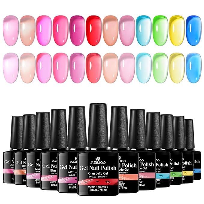 12 Colors Jelly Gel Nail Polish Set Crystal Neon Gel Polish Pastel Pink Blue Green Transparent Rainbow Manicure Kit Gift for Women Girls 8ML