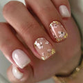 White Press on Nails Short Square Fake Nails Flowers Glue on Nails Summer Petals Acrylic Nails Press ons Glossy Gold Glitter False Nails Glossy Stick on Nails for Women 24 Pcs