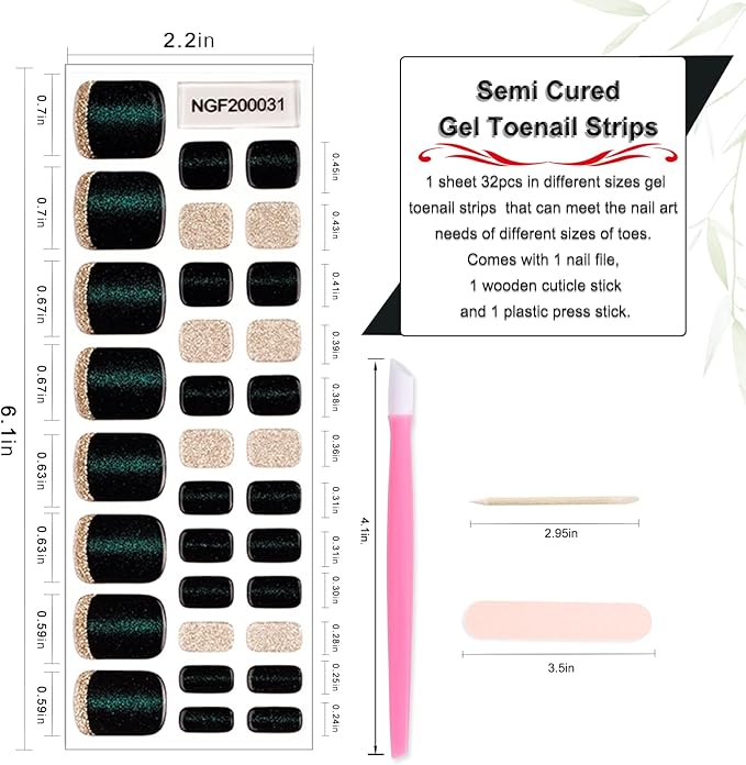 WOKOTO Semi Cured Gel Nail Strips For Toenails, 16 SIZE 32 TIPS Black & Blue Cat Eye Design Toe Nail Polish Strips With Nail File & Wooden Stick, Works With Lamps, Salon-Quality, Long Lasting