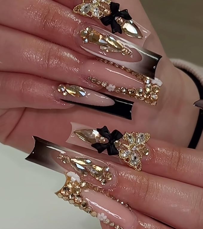 Press on Nails Square - Extra Long Fake Nails with 3D Rhinestones Butterfly, Black French Tips False Nail, Stick On Nails for Women, 12 Sizes - 24 Nail Kit, Midnight Mirage