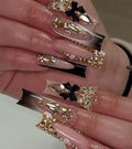 Press on Nails Square - Extra Long Fake Nails with 3D Rhinestones Butterfly, Black French Tips False Nail, Stick On Nails for Women, 12 Sizes - 24 Nail Kit, Midnight Mirage