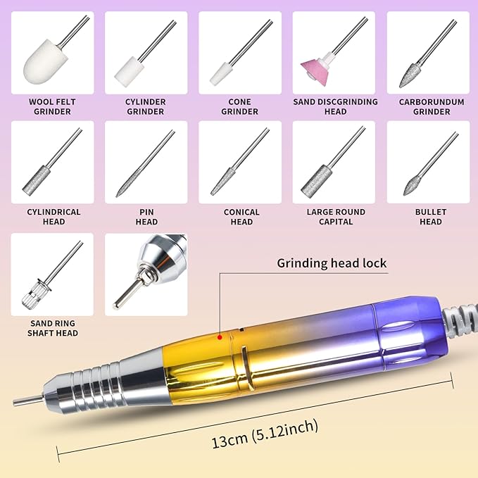 Professional Electric Nail Drill Kit 45000RPM with Bits and Base Yellow Portable Rechargeable Cordless Nail E- File Machine for Acrylic Gel Powder Nails and Manicure Pedicure Toenail Tool Set