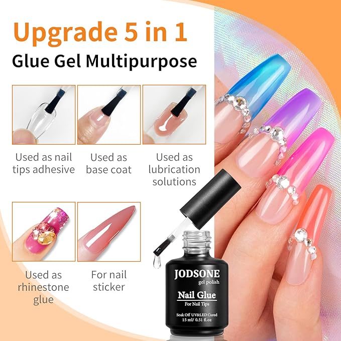 JODSONE 2PCS 15ML Nail Glue Gel for False Nail Tips for Long Lasting Extension Nail Glue and Clear Press On Nails Rhinestone Nail Repair Treatment,Home Salon UV Nail Light Cured