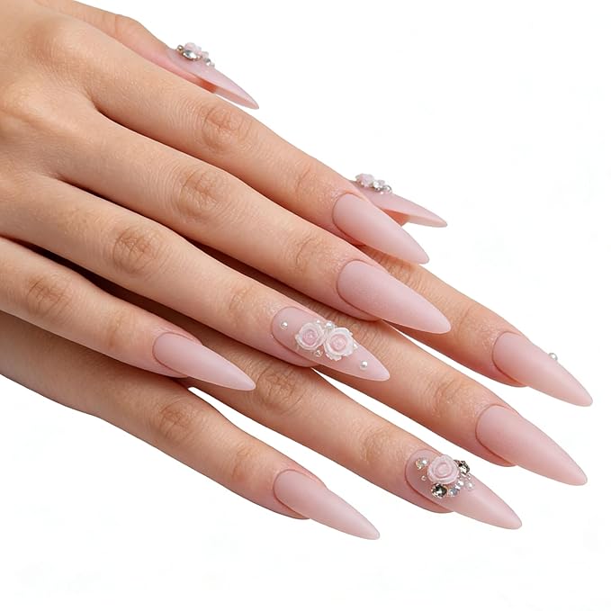 24PCS Long Stiletto Press On Nails-Matte Nude Pink Fake Nails with 3D Resin Rose Flower & Pwarl Acctents, Reusable Artifical Nail Tips for Women,Perfect for Wedding,Prom&Romantic Occasions
