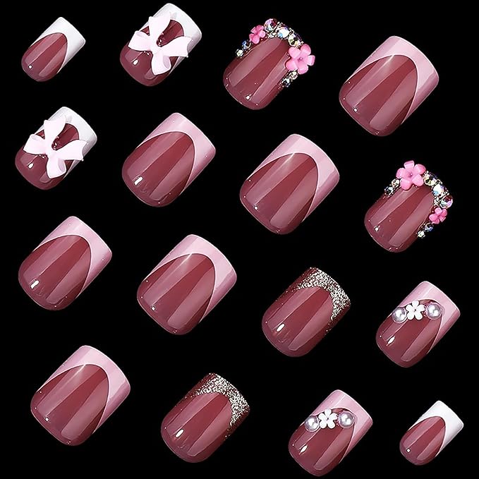 Cute Press on Nails Short Square French Tip Fake Nails Flower Pearls Bow Charms False Nails with Designs MABKJLF Pink & White Glossy Glue on Nails Stick on Nails Acrylic Nails for Women Girls 24Pcs