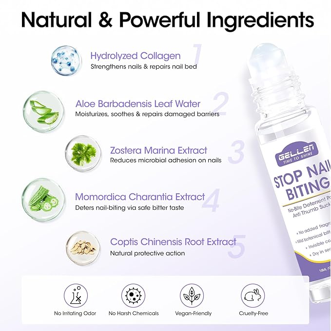 Gellen Nail Biting Prevention for Kids & Adults, Roll-On Nail Biting Treatment, Bitter Taste Thumb Sucking Deterrent, Quick-Dry No Bite Nail Polish, Nail Care to Help Stop Finger Biting & Nail Repair