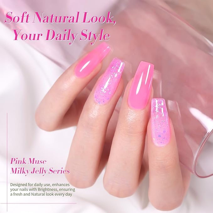 Born Pretty Jelly Pink Gel Nail Polish Milky Translucent Hot Pink Gel Polish Spring Summer Valentine's Day Gift Sheer Gel Polish Kit for Salon Manicure and Nail Art DIY at Home