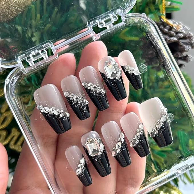 Handmade 3D Medium Coffin Press On Nails, French Black Gel Fake Nails, Long Lasting Reusable False Nails for Women, Easy Application Salon Manicure Designs (10 Pieces）- Size L