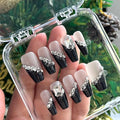 Handmade 3D Medium Coffin Press On Nails, French Black Gel Fake Nails, Long Lasting Reusable False Nails for Women, Easy Application Salon Manicure Designs (10 Pieces）- Size L