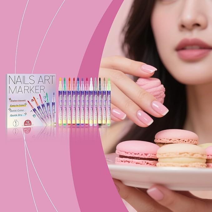 12 Colors Nail Art Pens Set ，1mm Acrylic Nail Art Polish Pen Point Graffiti Dotting Drawing Painting Liner Brush for Art Design DIY Manicure Tools