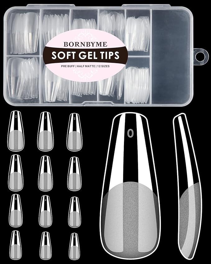 Soft Gel Nail Tips Long Coffin, 120PCS Pre Buff Full Cover Shaped Nail Extenison Tips Half Matte Gel X Nail Tips BORNBYME