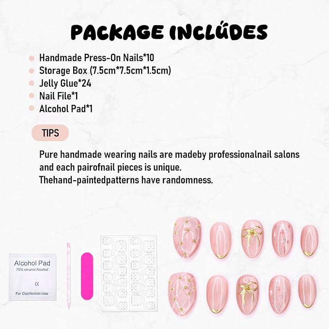 Pink Press on Nails Thick and Muti-Layer Gel Fake Nails Bow French Tip False Nails with Bow Star Design White Hand-draw Lines Stick on Nails Full Cover Artificial Nail for Women DIY (Size S)