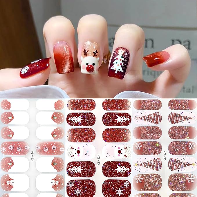 6 Sheets Christmas Nail Wraps Stickers 3D French White Snowflake Gel Nail Stickers Strips Self-Adhesive Winter Holiday Full Wraps with Xmas Trees Santa Reindeer Nail Polish for Women Acrylic Nails DIY