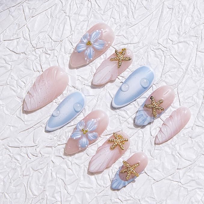 10 Pcs Handmade Almond Press on Nails Short Luxury Shell Shaped French tip Fake Nails 3D Starfish Rhinestone Nails Press Ons with Flower Design Full Cover Artificial Acrylic Stick on Nail for Women(S)