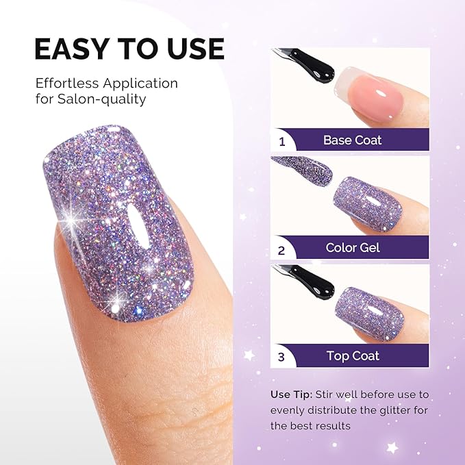 MelodySusie Galaliver Purple Glitter Gel Nail Polish, 15ML Shimmer Purple Sparkle Gel Polish Soak Off UV LED Cured Long Lasting Gift for Women DIY Nail Design Nail Art Manicure X05