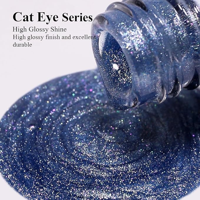 Imtiti Cat Eye Gel Nail Polish, 15ML Blue Holographic Glitter Cat Eye Gel Polish with Magnet UV LED Magnetic Gel Nail Polish Crystal Galaxy Sparkly Home DIY Manicure Nail Salon Kit