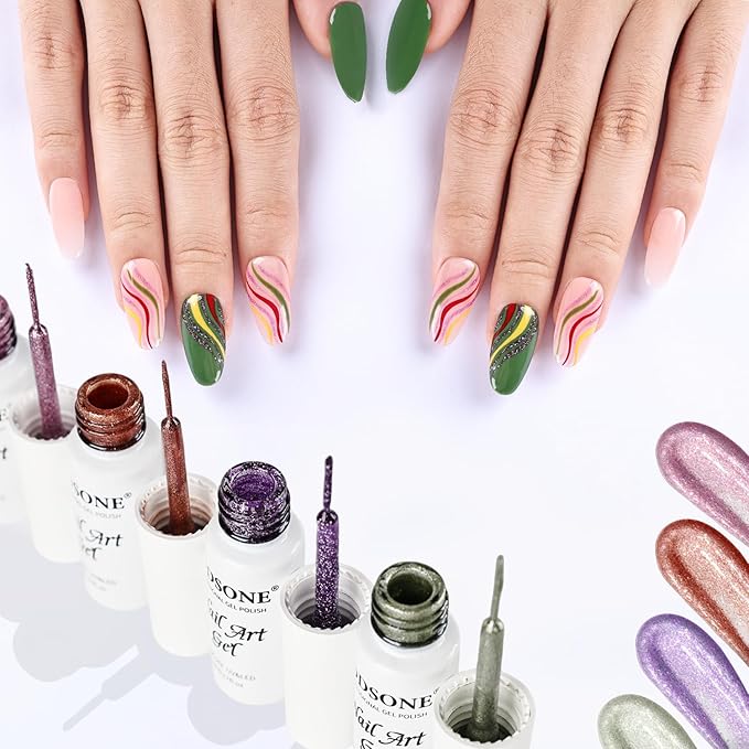 JODSONE Nail Art Gel Liner Set 10 Colors Glitter Purple Gold Green Gel Nail Polish Need U V Lamp Cured with Thin Brush at Home Salon Design,Valentines Gifts for Women