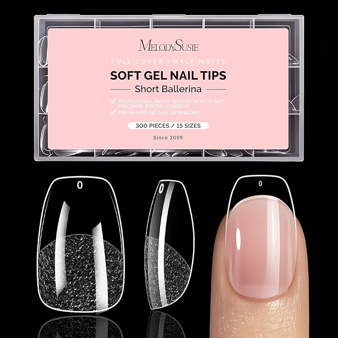 MelodySusie Short Ballerina X Nail Tips - 300Pcs 15 Sizes Clear Acrylic, Half Matte Full Cover Press on Nails for DIY Extension & Salon Use,Pre-Shaped for Long-Lasting Manicure