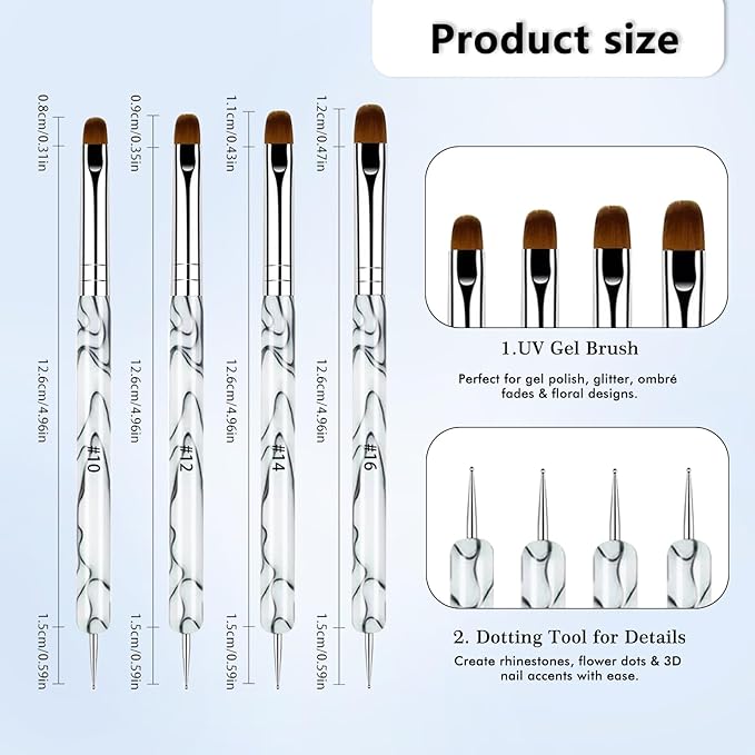 French Manicure Brush Set with Dotting Tools, Double-Ended Nail Art Brushes for Gel & Acrylic, Precision Clean Up & Detail Design, 4 Sizes (#10#12#14#16), NB128-White