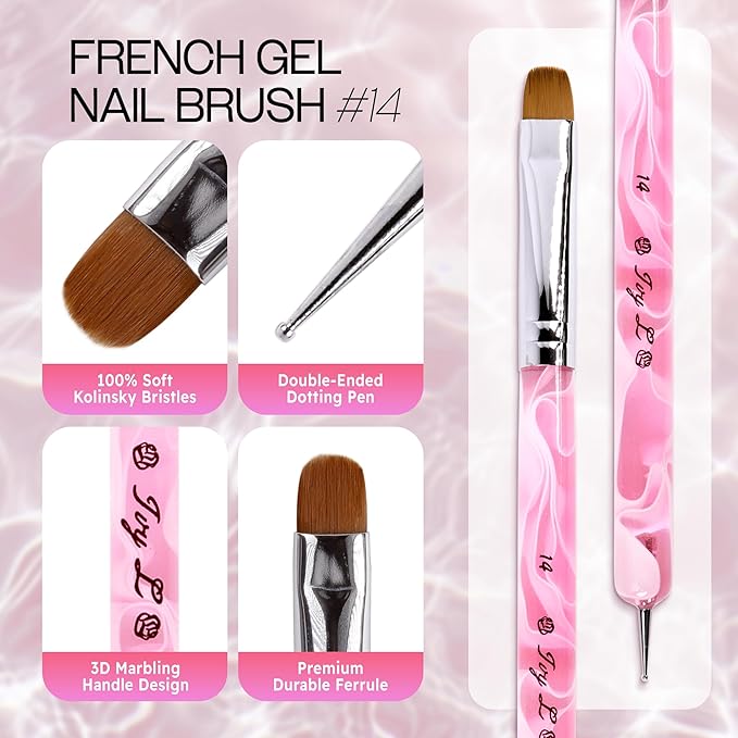 Ivy L Premium 2 Way French Gel Acrylic Nail Art Kolinsky Brush with Dotting Tool for Professional Manicure Cuticle Clean up Nail Art Design (Size # 14, Pink Marble)