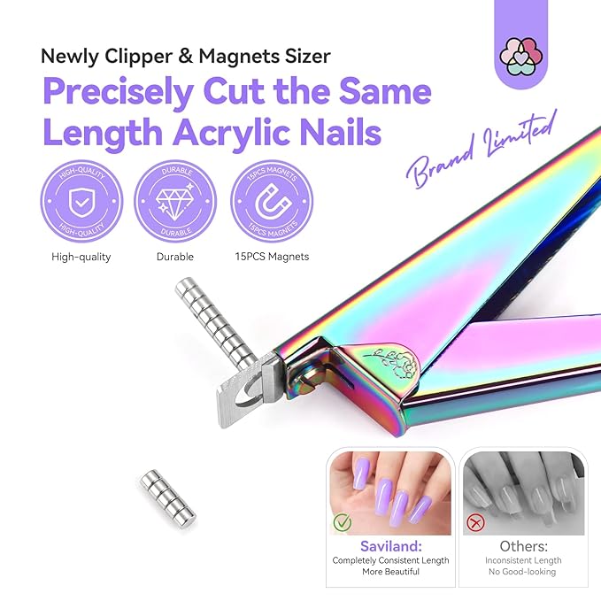 Saviland Acrylic Nail Cutters for Nail Tips: Chameleon Acrylic Nails Clipper with Sizer Magnets Nail Cutter 15PCS Sharp Nail Tech Supplies Nail Trimmer Manicure Tool Nail Accessories Women Salon Home