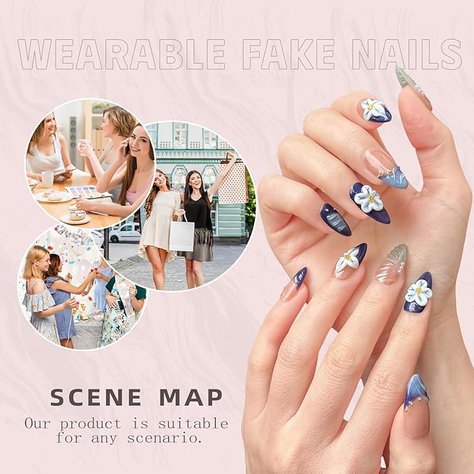Handmade Press-On Nails – Medium Almond Thick Acrylic Gel Nails, Reusable 3D Flower False Nails, Gradient Blue French Tip Manicure – Salon-Quality DIY Nail Art(10PCS-S)
