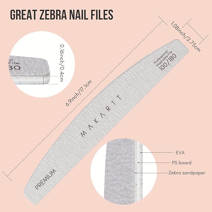 Makartt Nail File, 100/180 Grit Nail Files for Natural Nails, Professional Strong Emery Boards for Nails Doubled Sides Washable Fingernail Files Manicure Tool Set(Zebra-2pcs Trial Set)