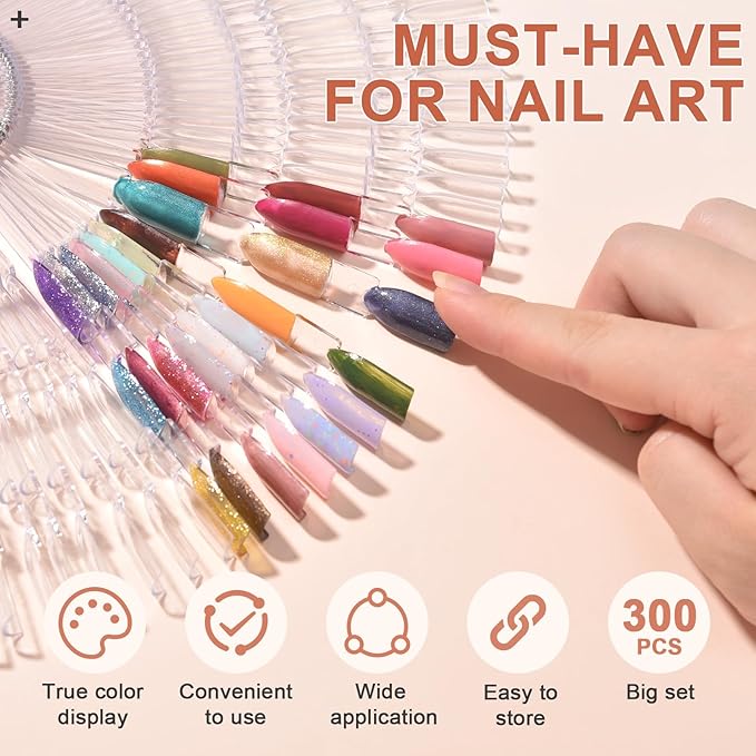 300 Tips Nail Swatch Sticks with Metal Split Ring Fan-shaped Display Nail Practice Sticks Nail Sample Swatches for Nail Art Polish Practice Nail Color Display (Clear)