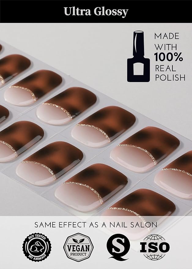 Semi Cured Gel Nail Strips, 20Pcs Long Lasting Salon Quality Wraps, Easy Apply & Remove Gel Nail Stickers with UV Light (Peachy Amber Brown)