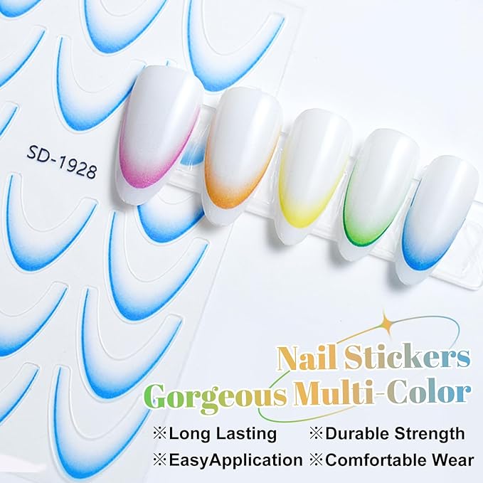 12 Sheets French Tip Nail Stickers for Gradient French Line Nail Art Stickers, Color Wave Stripe Nail Decals Self Adhesive Nail Tips Guides Stripe Lines Sliders for Women Girls Nail Decoration 807-3