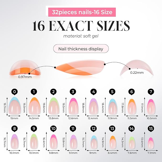 UNA GELLA 32Pcs Soft Gel Press on Nails - 16 Sizes Multi-color French Tip Almond Glue on Nails, Reusable Neon Pastel Rainbow False Nails, Full Cover Acrylic Nail Kit for Women DIY Home Manicure