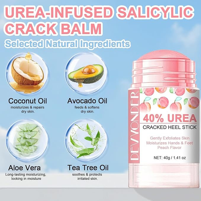Urea Stick 40 Percent for Feet – Maximum Strength Heel Balm with 2% Salicylic Acid, Cracked Heel Treatment & Callus Remover, Hand & Foot Cream with Coconut Oil & Avocado Oil, Peach Flavor, 1.41 oz