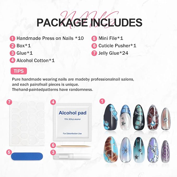 Gradient Press on Nails Handmade Press on Nails Punk Rock Gothic Cool Designs Stars Fake Nails Full Cover French False Nails Medium Almond 3D Silver Steel Ball False Nails for Women (Size S)