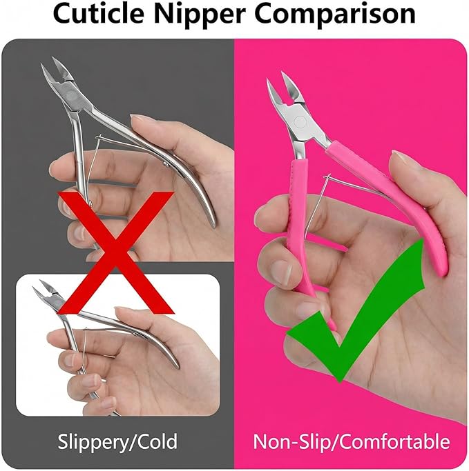 Fine Edge Cuticle Trimmer & Nippers, Scissors, Silicone Handle Nail Tools for Precise Removal, Durable Washable Cuticle Cutter & Remover Nail Clippers (Black/Rose 2PCS)