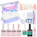 TPO and HEMA Free Gel Nail Polish Kit with U V Light - Milky White Nude Pink Orange at Home Gel Manicure Kit with Base & Top Coat Chrome Nail Powder Set - 4 Colors Nail Art Starter Gift for Women Girl