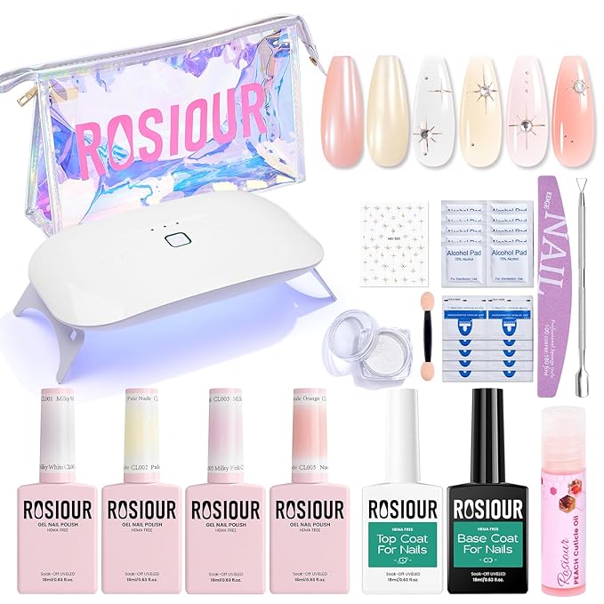 TPO and HEMA Free Gel Nail Polish Kit with U V Light - Milky White Nude Pink Orange at Home Gel Manicure Kit with Base & Top Coat Chrome Nail Powder Set - 4 Colors Nail Art Starter Gift for Women Girl