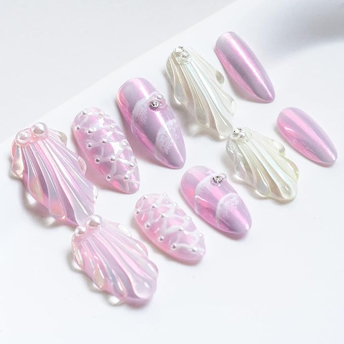 Sun&Beam Nails Handmade Press On Nail Medium Long Almond Oval Purple White Pearl Shell Fake Tip 3D Design Art Charms Cute with Storage Box 10 Pcs (Purple-M)